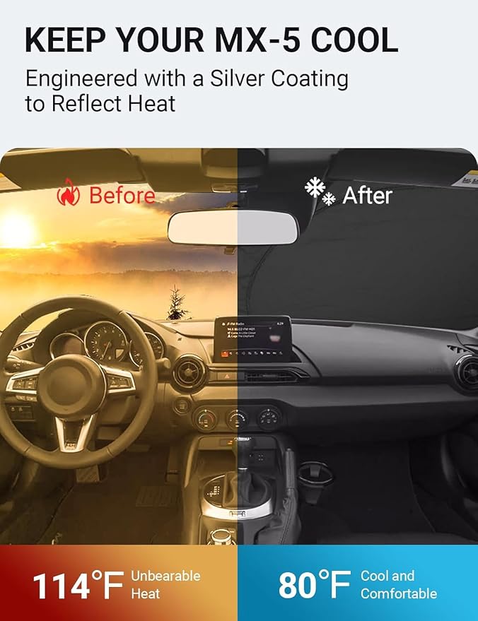 Proadsy Custom Fit Car Windshield Sun Shade for 2016-2026 Mazda MX-5 Miata | 240T Heat Shield, Drops Temp 54°F, Blocks 99% UV, Prevents Dashboard Cracking, Summer Parking & Beach Trips, Easy Twist-Fold - Image 2