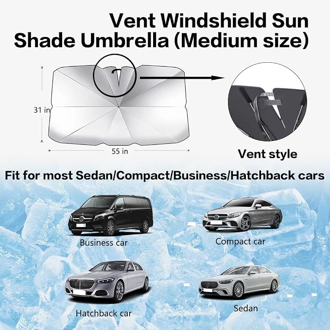 ZDLYH Car Windshield Sun Shade Umbrella,Nano Ice Crystal Cooling,UV Ray Reflector,Protect Interior & Keep Cool,Convenient Storage,Fit for Sedan/Business/Compact/Hatchbak car(Vent,Medium (55 * 32in) - Image 9
