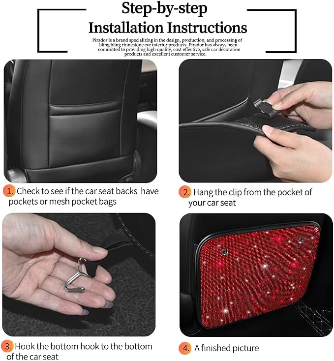Sparkling Diamond Auto Kick Mats Back Seat Protector Cute Kick Mats Protect from Dirt Mud Seat Back Protector with Bling Crystal Rhinestone Car Interior Decor Accessories Red 2Pcs - Image 6