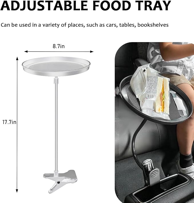Yourkar Adjustable Food Tray for Car, 360° Swivel Non-Slip Car Food Table for Drinks and Snacks, 8.7 Inches Diameter Swivel Car Clip Type Tray for Eating, Universal Car Accessories (White) - Image 2