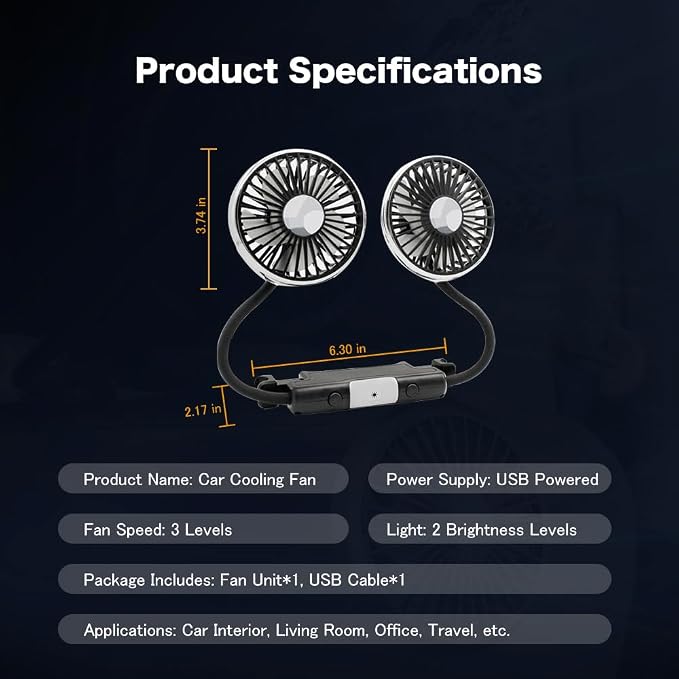 Car Fan for Backseat Kids, Dual Back Seat Fans for Kids Independently Controlled Heads,CollocationLED light,3-Speed adjust And 360°Rotatablehose, Portable USB car cooling fan For Vehicle,SUV,RV - Image 7