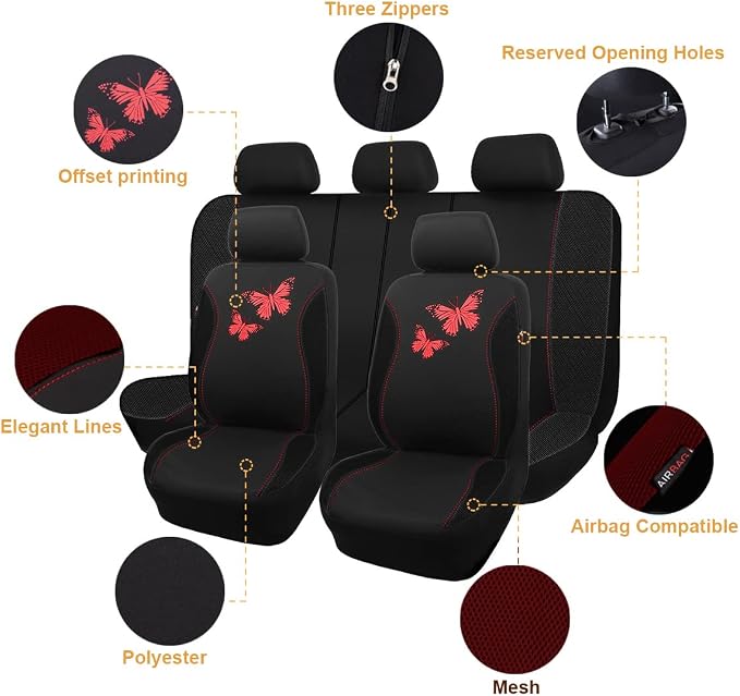 Flying Banner Butterfly car seat Covers ful Set Fashion Universal Lady Woman Female Rear Bench Split Colorized (Full Set, Red Black) - Image 2