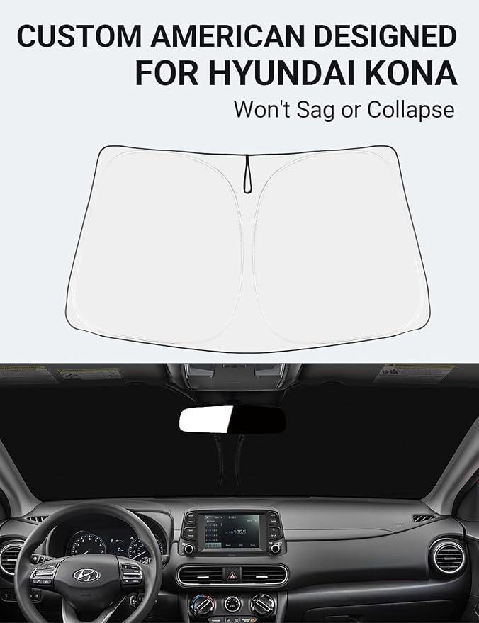 Proadsy Custom Fit 2018-2025 Hyundai Kona Windshield Sun Shade, Blocks Heat | 240T Heat Shield, Drops Temp 54°F, Blocks 99% UV, Prevents Dashboard Cracking, Summer Parking & Beach Trips, Easy Twist-Fold - Image 2