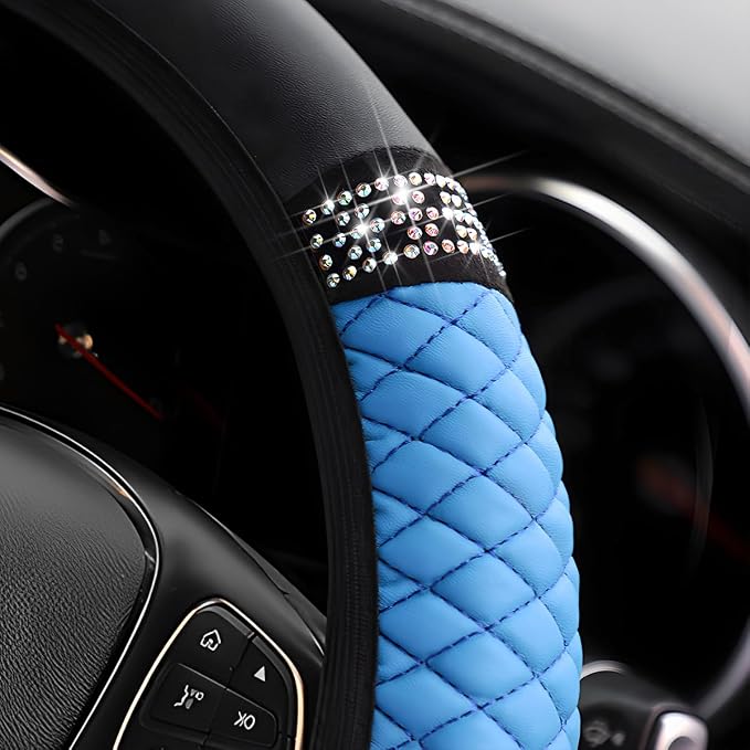 Osilly 15 Inch Rhinestone Leather Steering Wheel Cover, Blue | breathable non-slip surface, flexible ringless design, hand-stretch setup, fits matching rim sizes, automotive accessories - Image 3