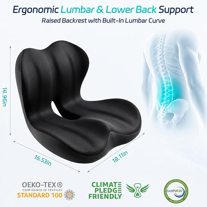 Seat Cushion & Back Support for Tailbone and Lower Back Relief | Higher Back for Stable Lower-Back Support / Dual-Sided Grip Keeps It in Place / Support Without Sinking / Durable / Washable - Image 3
