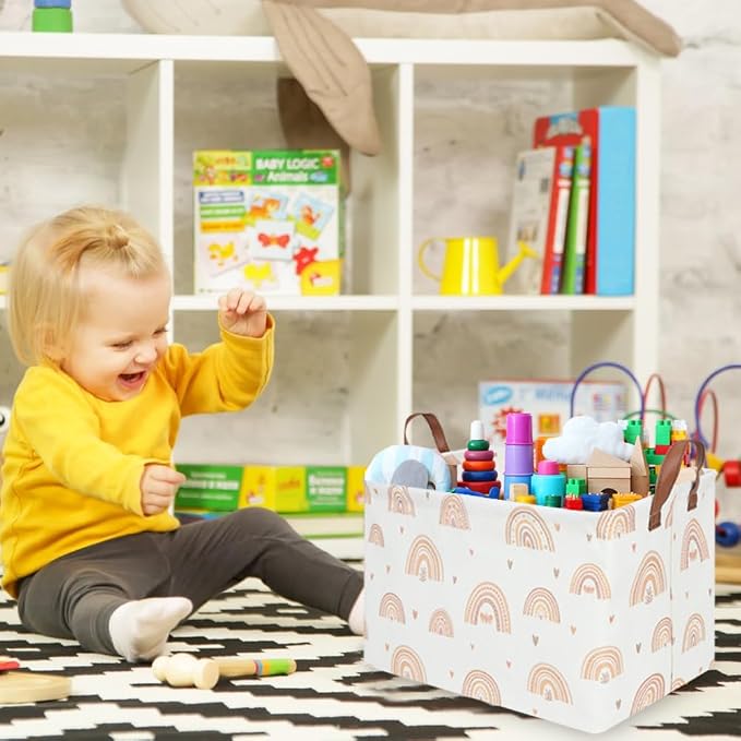 Boho Rainbow Baskets Rectangular,girl basket,Waterproof foldable canvas laundry basket,Nursery hamper,Room Decor,Shelf Basket(Rainbows) - Image 3