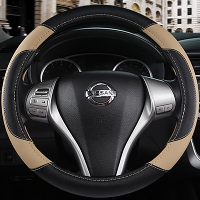 Leather Steering Wheel Cover for Ford F-150, Ram, Tundra, Tacoma, 15.5"-16" | Large-Size Fits Cars Trucks, Microfiber Leather, Anti-Slip Breathable Auto Steering Wheel Protector, Beige - Image 5