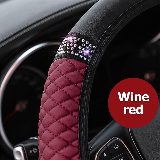 Osilly 15 Inch Rhinestone Leather Steering Wheel Cover, Wine Red | breathable non-slip surface, flexible ringless design, hand-stretch setup, fits matching rim sizes, automotive accessories - Image 4