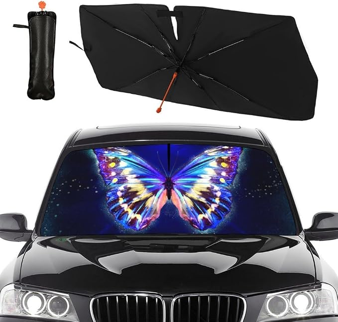 Funny Butterfly Car Windshield Sun Shade Umbrella Automotive Windshield Sunshade Foldable Front Car Accessories Interior Decor to Keep Vehicle Cool for Most Vehicles 57'' X 30'' by Socira