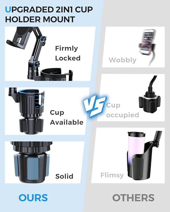 Porfortop 2-in-1 Cup Holder Tablet Mount Expander, 2-Section Foldable 15" Height Adjustable Arm & 360° Rotation, Universal Fit for iPad, iPhone, All Smartphones and Most Bottles for Car SUV Truck - Image 3