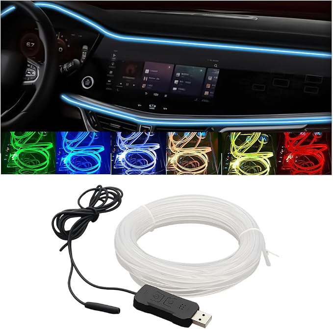 9.84FT EL Wire Interior Car LED Strip Lights, USB Neon Vehicle Ambient Lighting with Fiber Optic, Sound Music Active Automotive Inside Decorations Lamp Strip, Universal Fit by Unknown