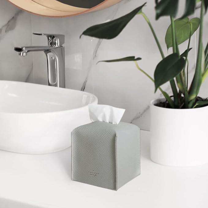 Carrotez Tissue Box Cover, [Refined] Modern PU Leather Square Tissue Box Holder - Decorative Organizer for Bathroom Vanity Countertop, Night Stands, Office Desk & Car 5"X5"X5" - Pastel Grey - Image 8