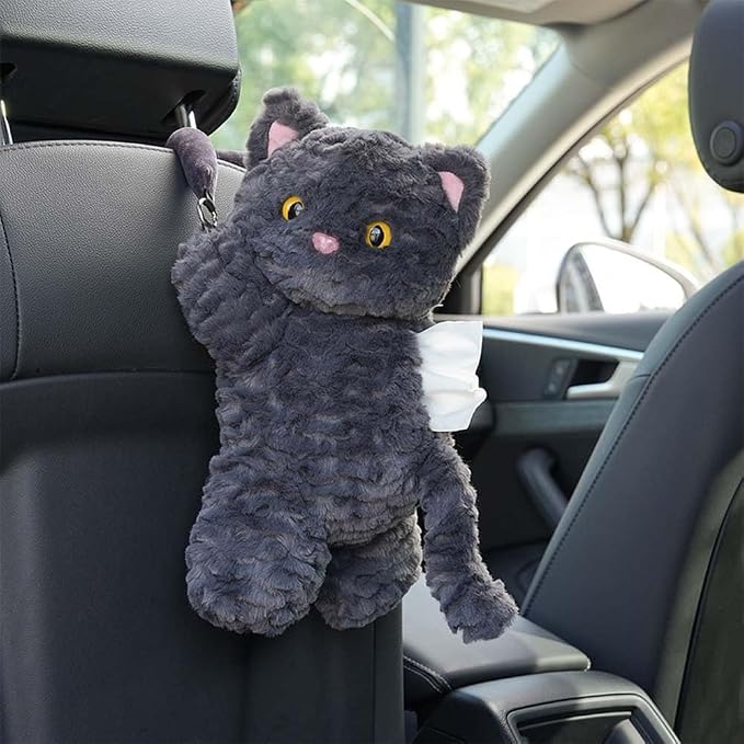 Cute Cat Car Tissue Holder Plush Kitten Paper Box for Backseat Adorable Hanging Organizer & Decor for Women Pet Lovers & Gifts (Black) by WASTROYAL