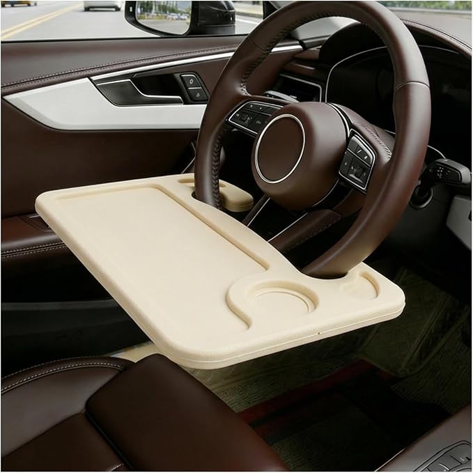 Car Steering Wheel Desk, 2 in 1 Multipurpose Auto Steering Wheel Tray with Drink Holder and Pen Slot, Portable Vehicle Computer Office Table Travel Accessories for Laptop, Food (Beige) by Unknown