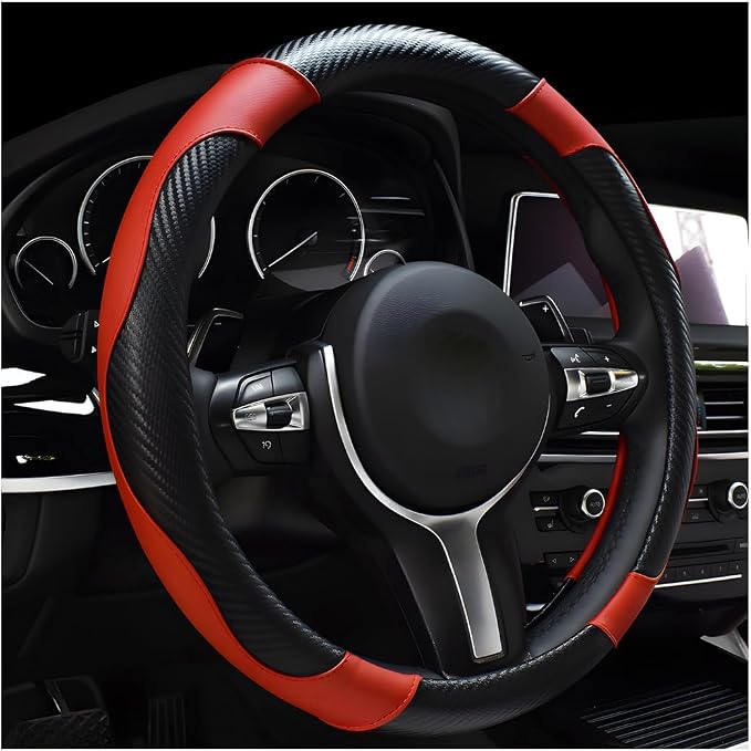 DXNQ Car Steering Wheel Cover, 15 Inch Carbon Fiber Leather Stitching Color Steering Wheel Protector, Anti-Slip Elastic Breathable Steering Wheel Cover Stylish Decor for Most Cars (Black&Red) by DXNQ