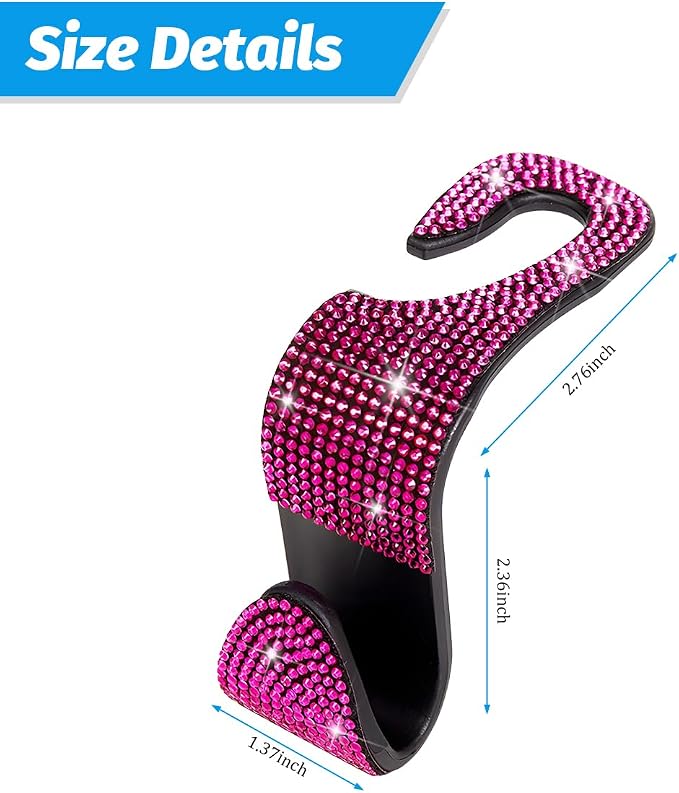 Zpana 4PCS Bling Car Seat Headrest Hooks, Vehicle Back Seat Purse Handbag Hanging Holder with Crystal Rhinestone, Diamond Storage Organizer Hook, Universal Automotive Accessories (Black/Pink) | Vehicle Back Seat Purse Handbag Hanging Holder, Crystal Di... - Image 2