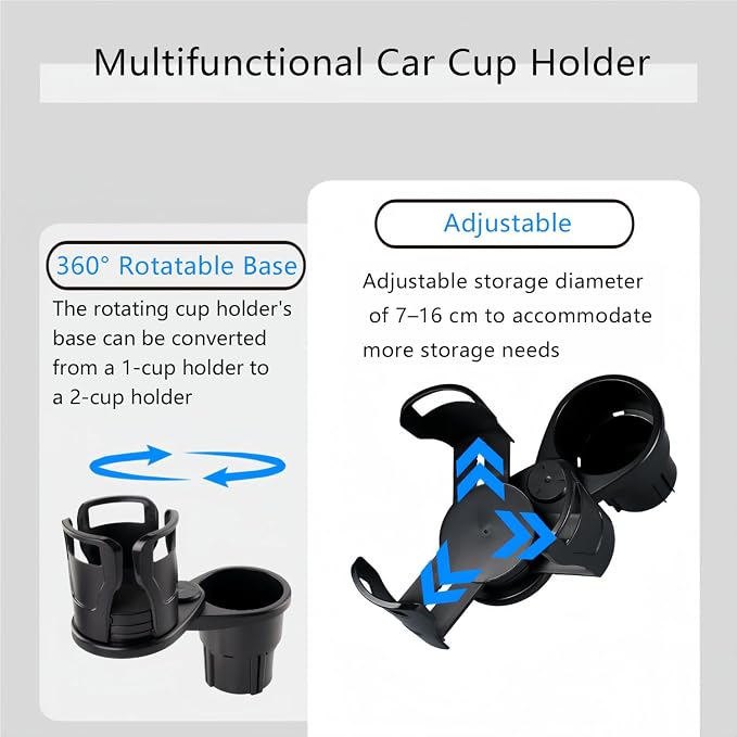 Car Cup Holder Expander, 360° Rotatable Dual Cup Holder Insert, Adjustable 7-16cm Large Drink Holder for Yeti Hydro Flask, Anti-Vibration 2-Tier Vehicle Cup Organizer for Most Car Interior - Image 2