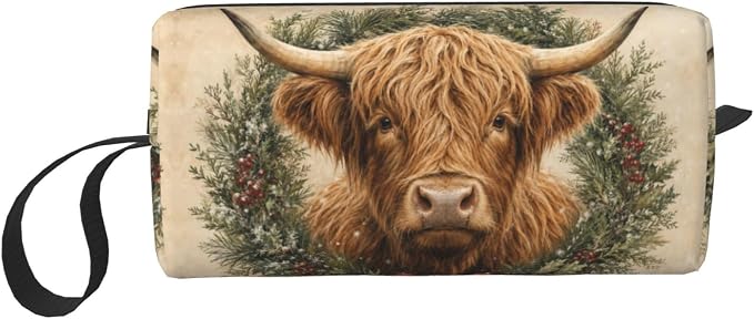 Highland Cow Evergreen Wreath Makeup Bag for Women, Cosmetic Pouch | Double-Sided Highland Cow Wreath Cosmetic Organizer with Foam Padding for Women, Travel, Gym, School, and Daily Storage by OLUSENMO