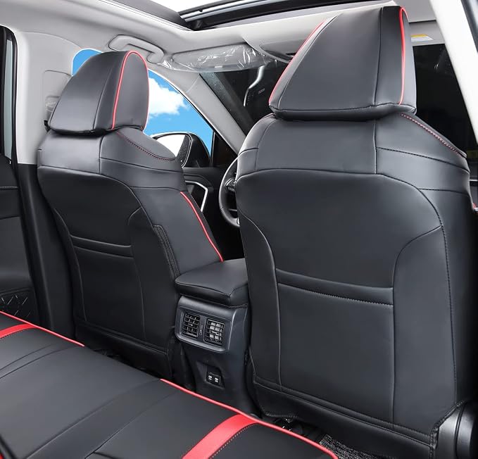 Custom Fit RAV4 (for Hybrid) Seat Covers Full Set for Toyota RAV4 Hybrid 2019 2020 2021 2022 2023 2024 2025 with Waterproof Faux Leather (Black with Red Trim, LU01-Hybrid) - Image 2