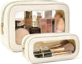 2Pcs Clear Makeup Bags Set, Clear Travel Makeup Brush Holder Leather Makeup Case Toiletry Bag with Zipper Portable Cosmetic Pouch Waterproof Makeup Brush Storage Bag Car Bag for Essentials by FFpaw