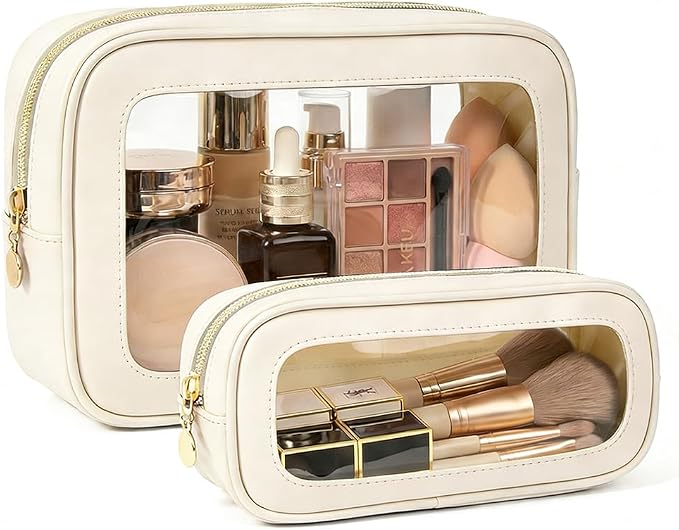2Pcs Clear Makeup Bags Set, Clear Travel Makeup Brush Holder Leather Makeup Case Toiletry Bag with Zipper Portable Cosmetic Pouch Waterproof Makeup Brush Storage Bag Car Bag for Essentials by FFpaw