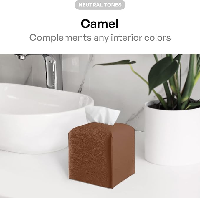 Carrotez Tissue Box Cover, [Refined] Modern PU Leather Square Tissue Box Holder - Decorative Holder/Organizer for Bathroom Vanity Countertop, Night Stands, Office Desk & Car 5"X5"X5" - Camel - Image 3