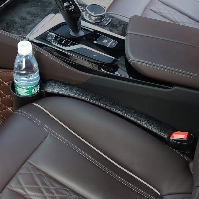 Supin 2 Prices Car Seat Gap Filler Pad PU Leather Console Side Pocket Organizer and one Cup for Cellphone Wallet Coin Key (Black) - Image 3