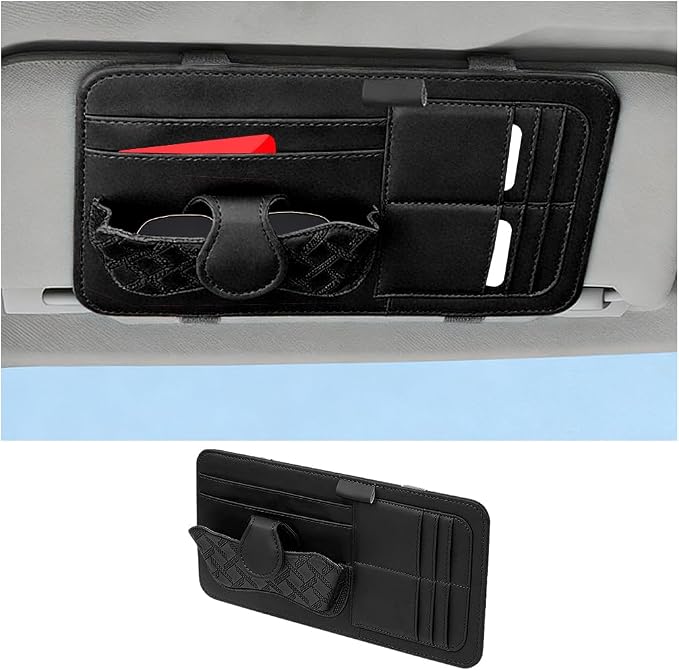 Car Sun Visor Organizer, Multifunctional Visor Storage Pouch with Sunglasses Holder & Card Sleeve Pocket, Auto Interior Organizer Pocket Bag for Pens Cards Documents, Universal Fit (Black) by Unknown