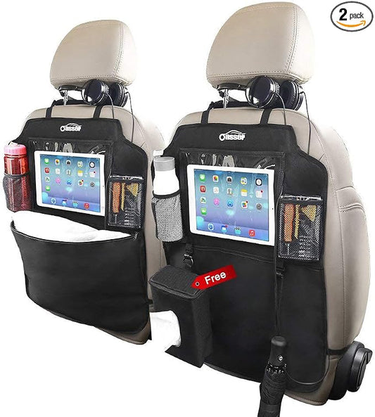 Oasser Seat Back Protector Kick Mats Backseat Car Organizers | 2 Pack, 1 Tissue Box, 12.9" Touch Screen Tablet Holder, Large Back of Seat Protector and Storage for Kids, 8 Pockets, Black by Shownow