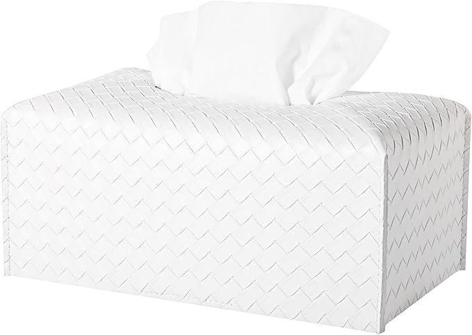 Tissue Box Cover Short Rectangle Leather Facial Paper Holder, White | PU Leather，Easy to Fill, Easy Clean, Decorative Cube Tissue Box Holder for Office, Bathroom,Kitchen, Living room, Guest room by zoocatia