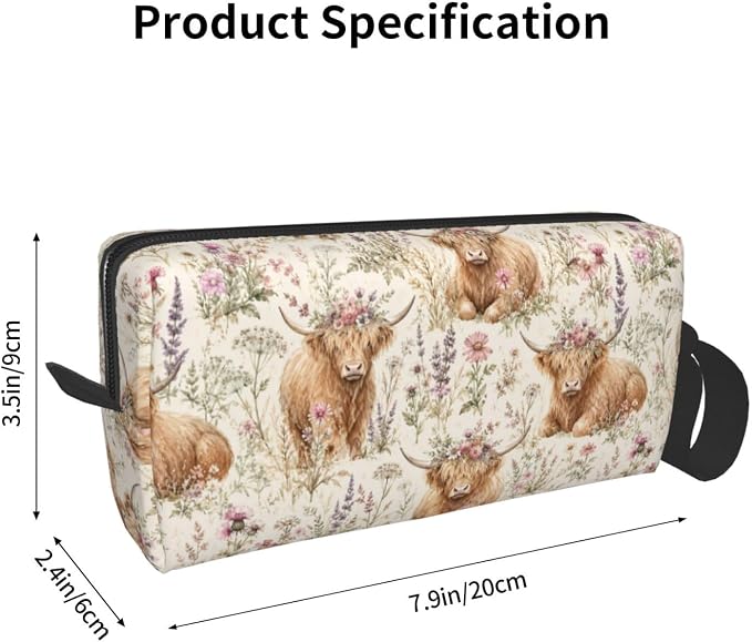 Highland Cow Wild Flowers Makeup Bag for Women | Small Travel Cosmetic Pouch with Zipper, Compact Makeup Organizer Bag for Purse, Toiletries, Skincare & Daily Essentials - Image 3