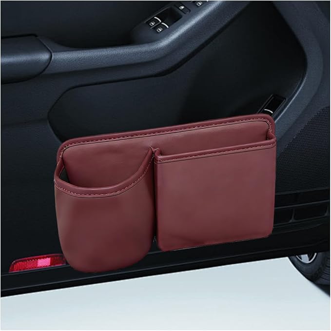 Car Side Door Organizer, Leather Auto Back Seat Storage Pouch with Cup Holder, Car Console Side Trash Can, Universal Vehicle Interior Organizer Pocket for Phone, Coin, Sunglasses (Red) by Unknown