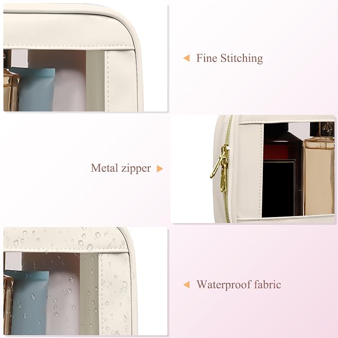 2-Piece Leather Clear Makeup Bag Set, Clear Cosmetic Bag with Zipper, Waterproof Makeup Brush Bag, TSA Approved Toiletry Bag for Travel, Car Organization for Women (Beige-2, Slim+Medium) - Image 3
