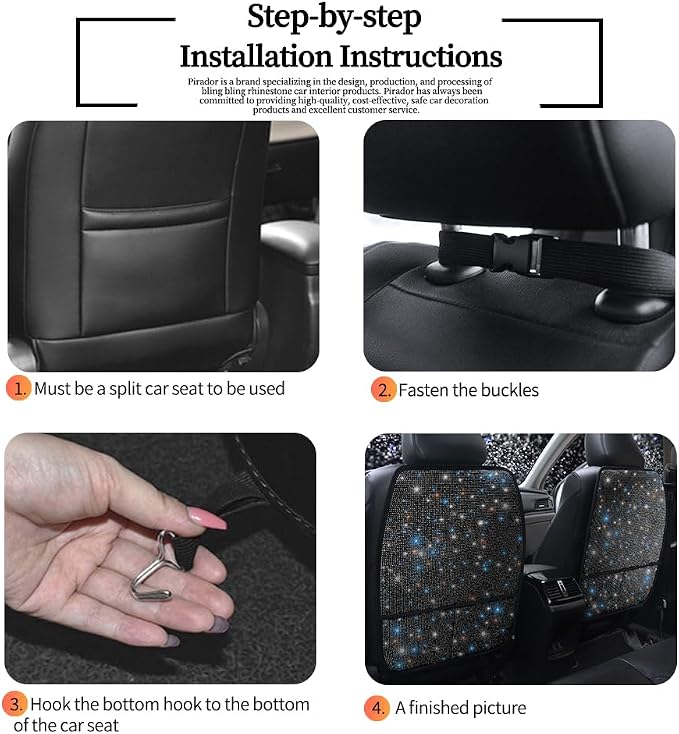 Diamond Bling Car Seat Kick Mats with Storage – Back Seat Protectors with Sparkly Rhinestones for Girls & Women, Crystal Kick Covers for Automotive Interior Accessories Black 2pcs - Image 5