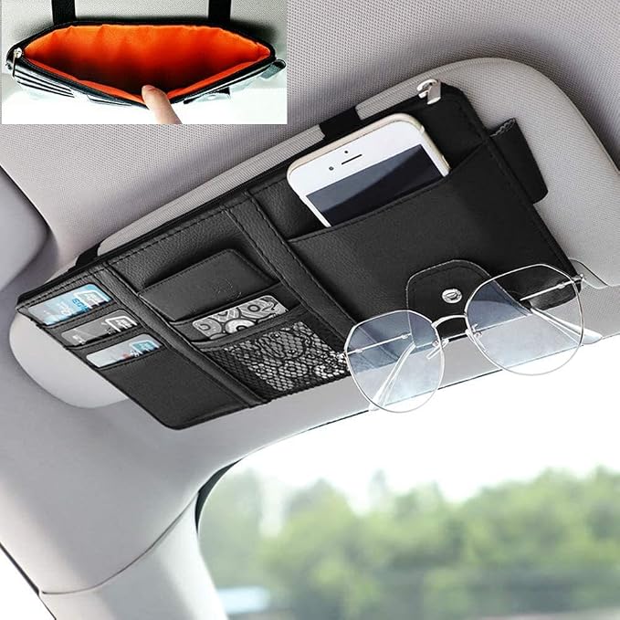 Black Car Sun Visor Organizer, Document Storage Pocket Interior Accessory | Visor accessories multi-slot design stores docs, cards & sunglasses, slim fits all vehicles without obstructing sight - Image 7