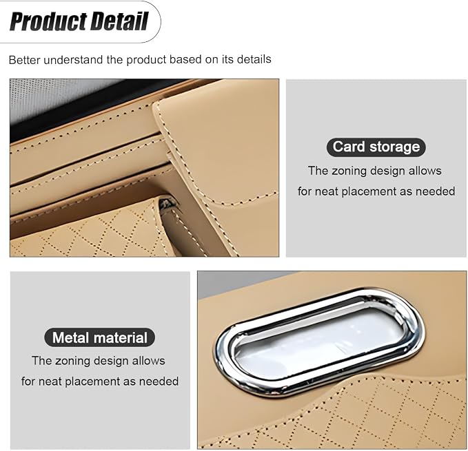 ZIMISI Leather Car Visor Organizer, Sun Visor Storage Bag, Car Tissue Holder, Multi-Pocket Document Holder, Vehicle Travel Accessories for Pen, License, Cards, Sunglasses, Tissues (Khaki) - Image 3