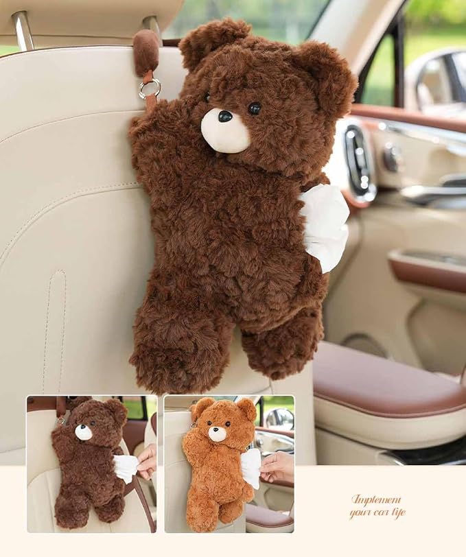 Tissue Box Cover Plush Tissue Box Holder for Car, Home, Decorative Holder/Organizer for Bathroom Vanity Countertop, Nightstands, Office Desk- Deep Brown Bear - Image 3