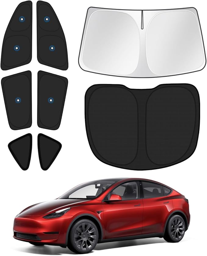 Canvcle Upgraded Window Shades for 2020-2024 Tesla Model Y Accessories with Suction Cups Windshield Sun Shade Side Rear Window Covers Sunshade Sun Shield Privacy Protection for Camping Black 8PCS by Canvcle