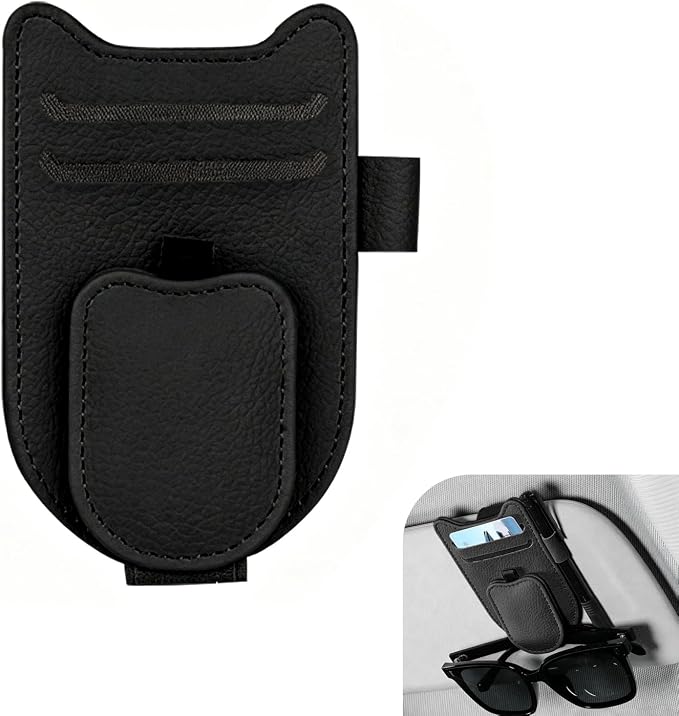 Sunglass Holder for Car, Leather Clip Sun Visor Sunglass Holder, Multi-functional Ticket Card Clip Organizer, Universal Visor Accessories, for Most Cars (Black) by Unknown