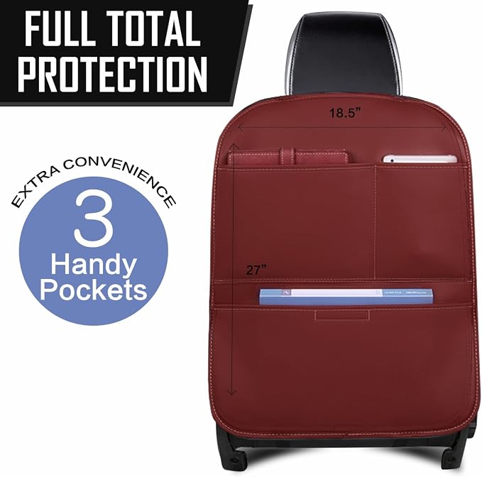 SUTSU Kick Mat Back Seat Protector， Waterproof Leather Car Seat Back Organizers Cover with 3 Storage Pockets for Kids Pets SUV Sedan Minivan Truck Car Travel Accessories (Wine Red 2-pack) - Image 2