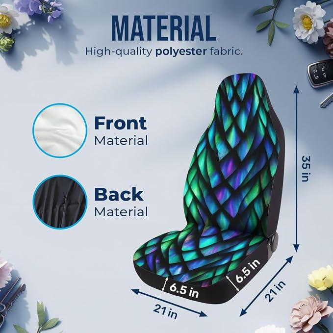GENANY Holographic Dragon Scale Car Seat Covers, 2-Piece Front Seat Set | 2-piece polyester front seat cover set, each 35 x 21 x 21 inches, with adjustable straps and hooks - Image 4