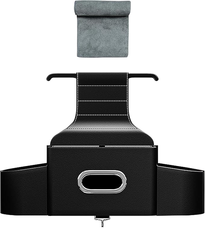 Back Seat Car Organizer with One Towel Leather Wood Materials (Black) | Tissue Box, 2 Drink Cup Holder, Phone Holder, Hook, Compatible with Most Vehicles - Image 9