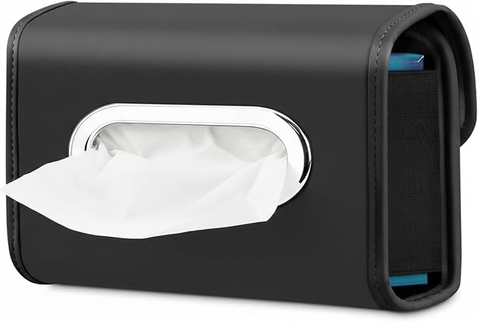 Lucrum Extra Large Car Tissue Holder - PU Leather Tissue Box Cover | Fits Regular Size Napkins Box - PU Leather Car Tissue Holder for Seat Back, Sun Visor & Console - Jet Black by Lucrum