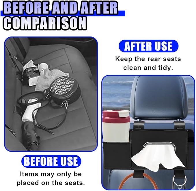 YoRise Multifunctional Car Back Seat Organizer, Leather Automotive Headrest Phone & Tissue & Cup Holder with Hooks, Family Travel Vehicle Backseat Storage Box for Drink, Snack, Handbag (Black) - Image 5
