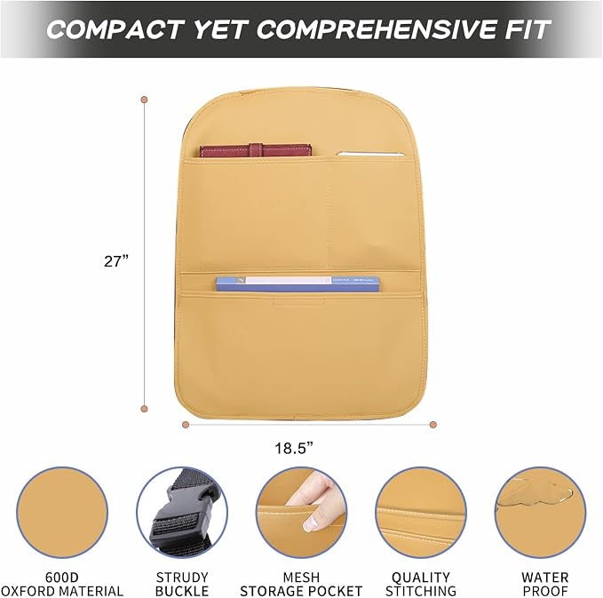 Kick Mat Back Seat Protector， Waterproof Leather Car Seat Back Organizers Cover with 3 Storage Pockets for Kids Pets SUV Sedan Minivan Truck Car Travel Accessories (Cayenne Yellow 2-pack) - Image 3