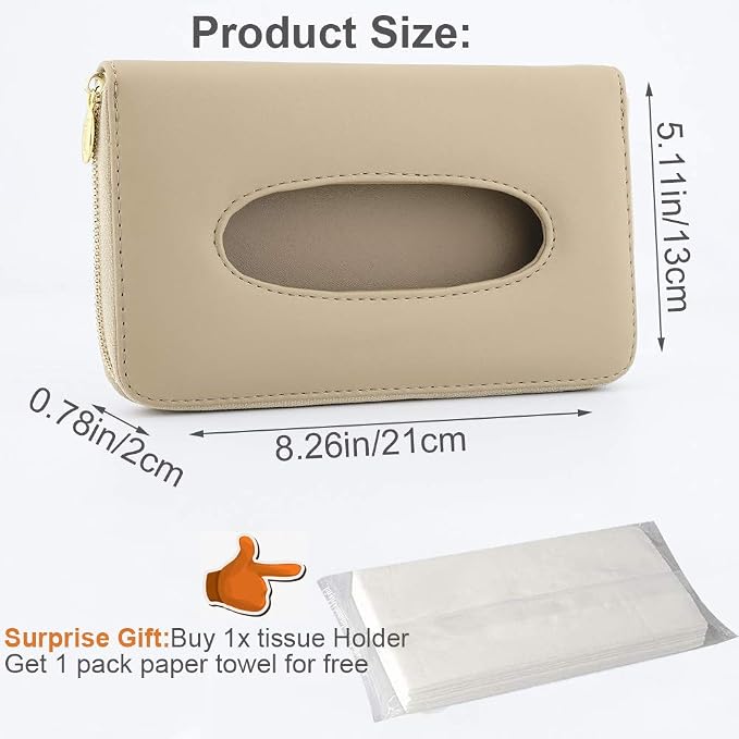 Car Tissue Holder, Sun Visor Tissue Holder, Car Visor Napkin Holder, PU Leather Backseat Tissue Case Holder for Auto Vehicle with Zipper (Beige) - Image 2