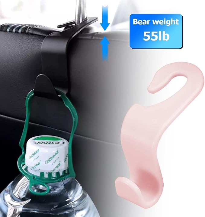 8sanlione 4 Pack Car Headrest Hooks for Vehicle Seats, Light Pink | PP plastic construction, rotating clip design, folds behind the seat, fits matching headrest posts, interior accessory - Image 3