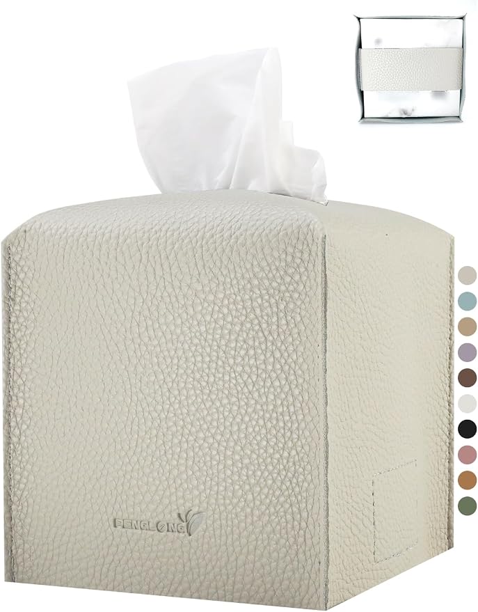 Tissue Box Cover 5X5X5'' PU Leather Tissue Holder Square Tissue Cube Box Organizer for Bathroom Vanity Countertop, Car, Night Stands, Office, Home, Kitchen (1Pack, Lime White) by PENGLONGHOMEDECORATION