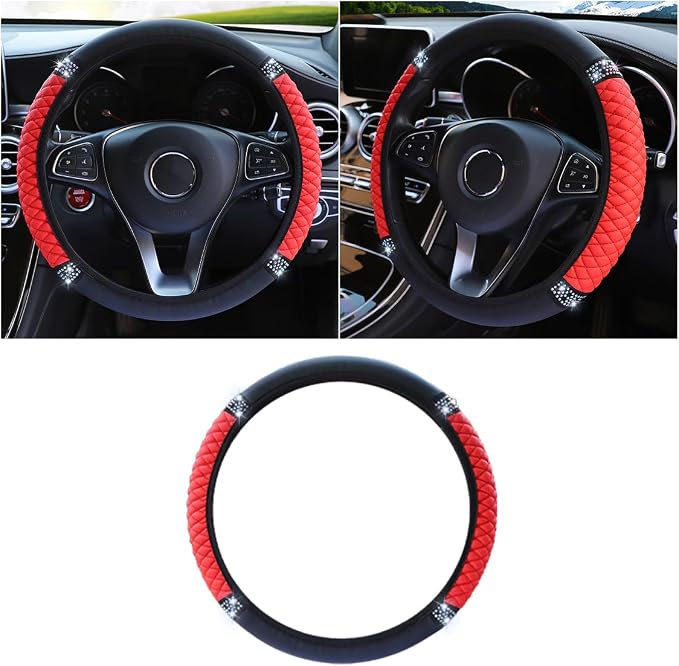 JOYCOURT 15 Inch Bling Soft Leather Car Steering Wheel Cover, Red | Colorful Rhinestones Design, Auto Elastic Protector for Women Girls, Crystal Diamond Car Accessories for Most Cars, SUVs by JOYCOURT