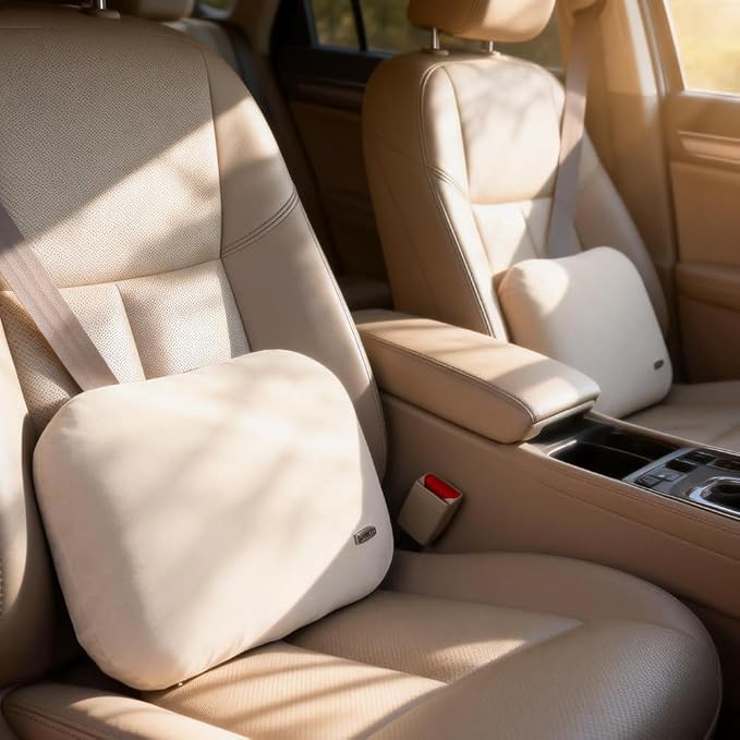 Beige Lumbar Support Pillow for Car Recliner Soft Lower Back Waist Cushion | Driving Seat Latex Relax Home Sofa Office Accessories Chair Cushion Back Pain Relief Small Automotive Thin Memory Foam Suede - Image 4